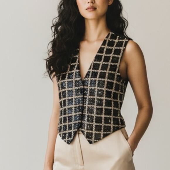 Vintage Theo Black Gold Sequin Beaded Vest Women’s M Holiday Party Top - Picture 1 of 9